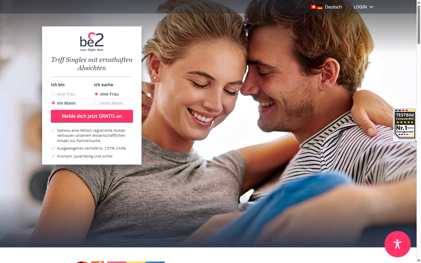 be2 Logo und Startseite – Schweizer Version mit Anmeldeformular